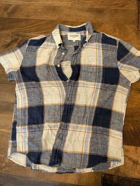 Corridor Blue, Cream & Tan Plaid Button-Front Shirt